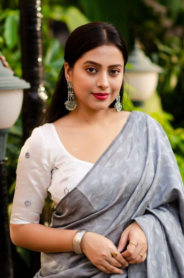 Grey Poly Georgette Woven Design Saree with Unstitched Blouse - Hiral Fashion - Distacart