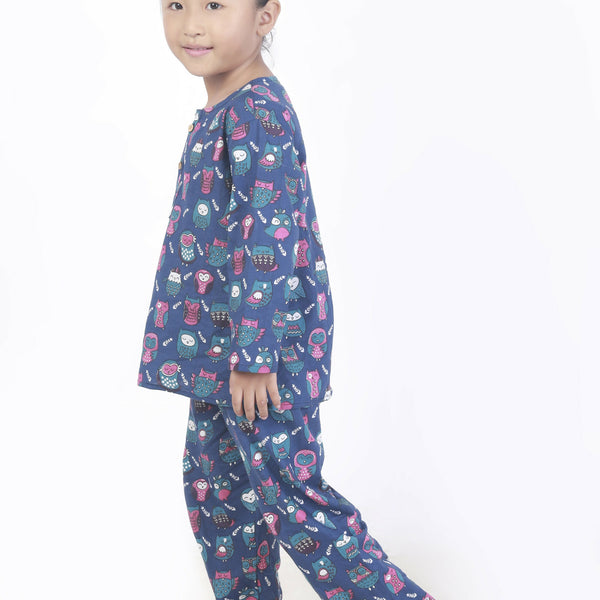 Breathables Kids Cotton Owl Print Co-Ord Night Suit – Navy Blue - Dista