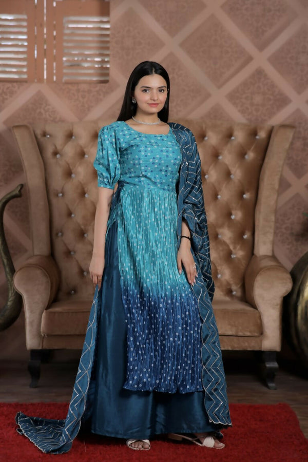 Jyoti Fashion Women's Blue Muslin Floral Print with Crush Pleating Kurta with Trouser & Dupatta - Distacart
