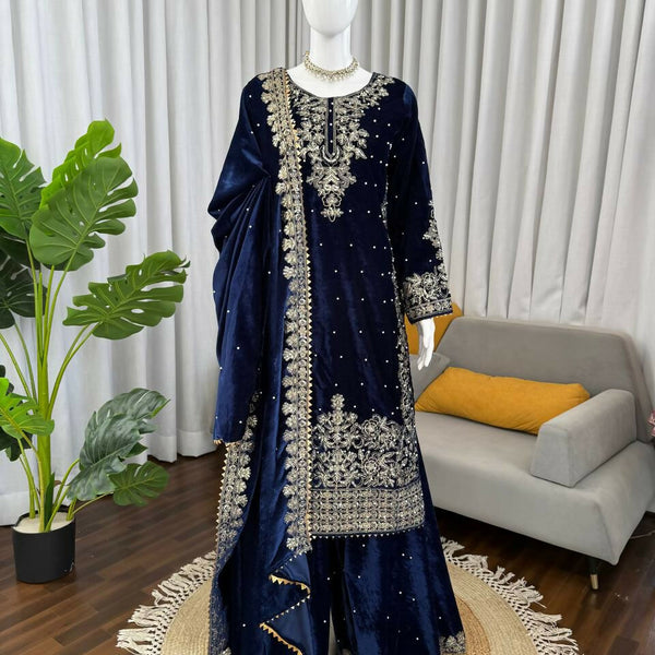 Vastranavya Blue Viscose Velvet Cording Sequence With Moti Work Top-Bottom With Dupatta