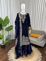 Thumbnail for Vastranavya Blue Viscose Velvet Cording Sequence With Moti Work Top-Bottom With Dupatta