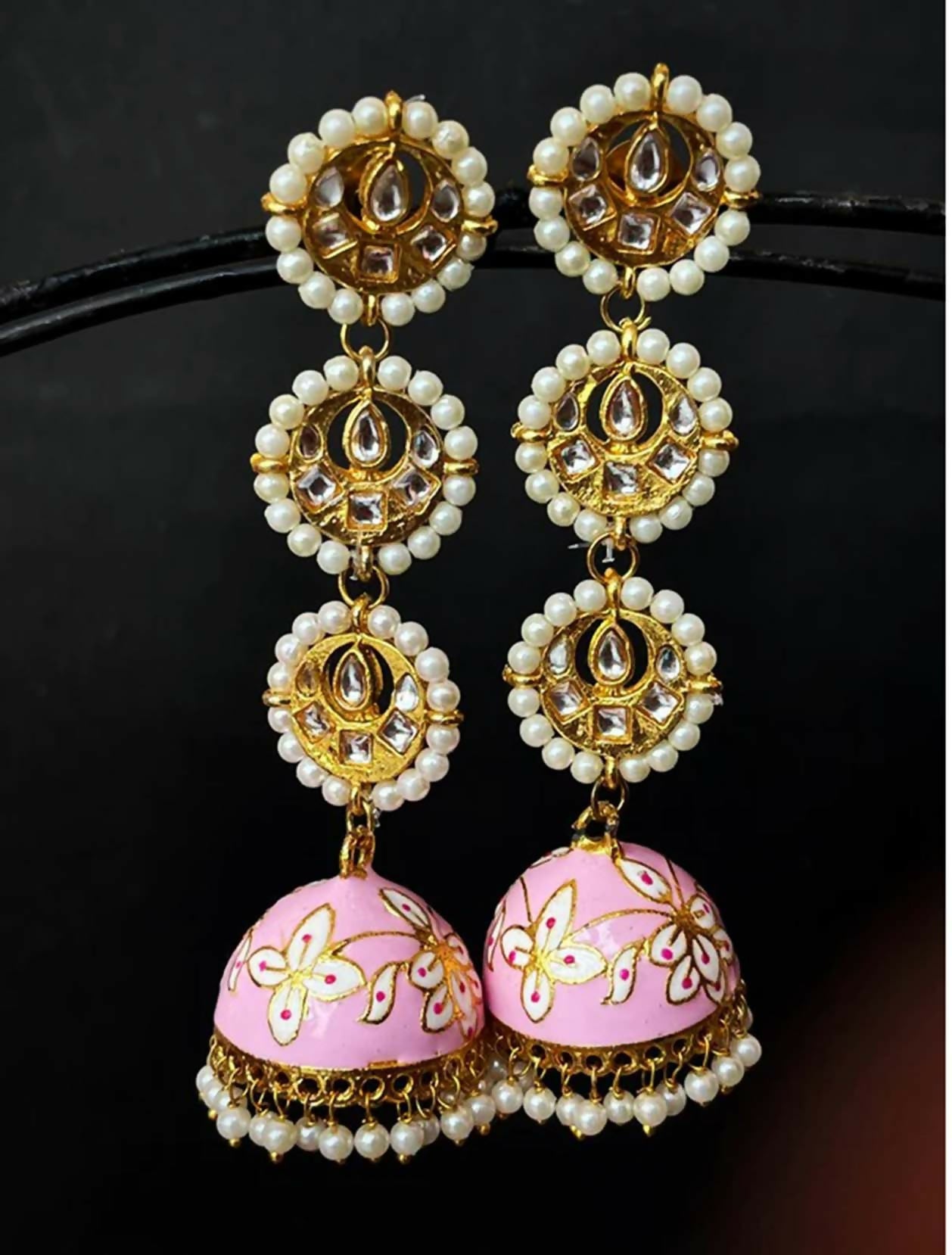 Joban Fashion Women White Meenakari Dome With Three Tops Drop Earring