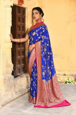 Thumbnail for Joban Fashion Ink Blue Crepe Chiffon Pure Handloom Banarasi Silk Saree