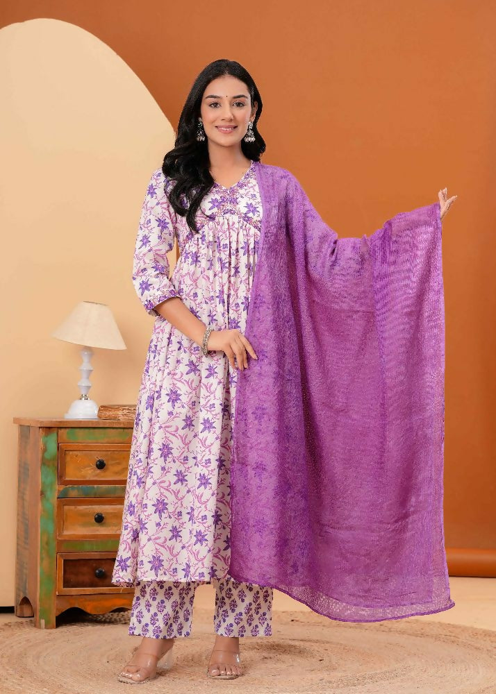 Jaimini Women Cotton Printed V-Neck 3/4 Sleeves Calf Length Alia Cut Kurta Pant And Dupatta Set - Dista