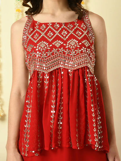 Myshka Women's Red Georgette Top With Palazzos Party Sets - Distacart