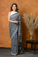 Thumbnail for Very Much Indian Handblock Printed Cotton Saree With Natural Dyes - Black White - Distacart