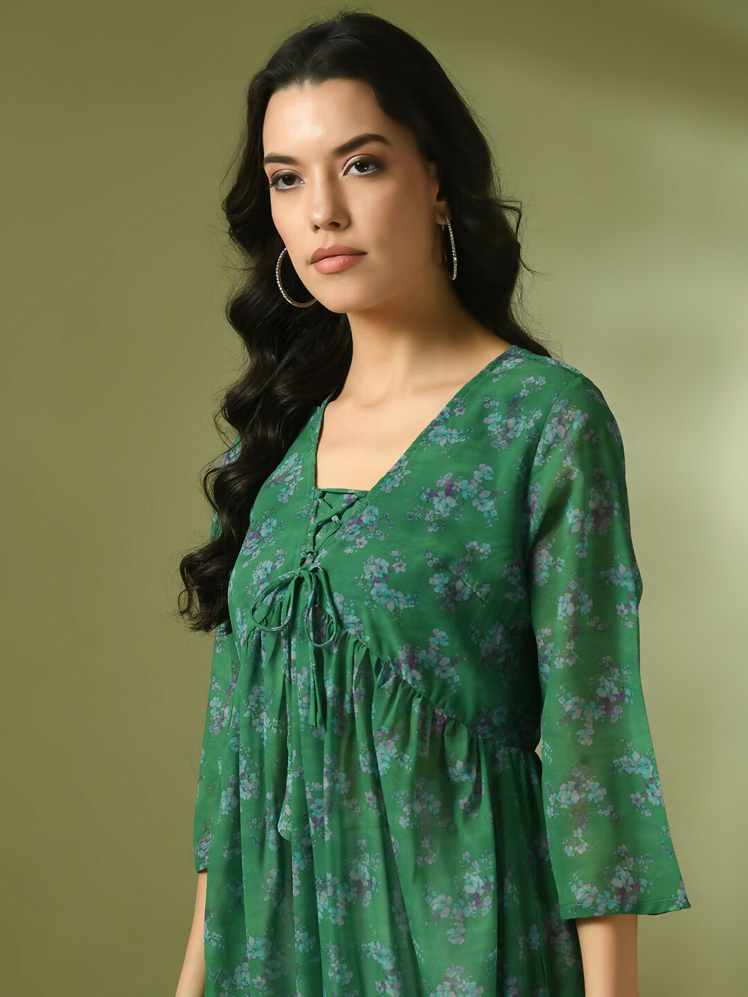 Myshka Women's Green Printed Georgette A-Line Nyra-cut Kurta - Distacart