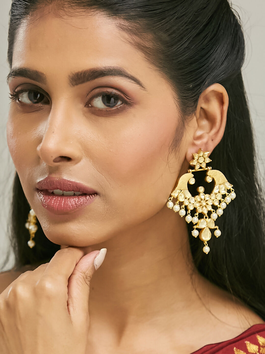 Nuyug 22K Gold-Plated Kundan and Pearl Earrings with Floral Stud and Intricate Crescent Design Chandbalis