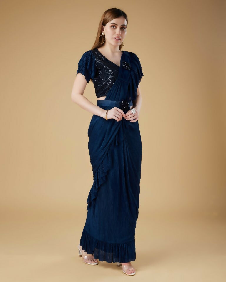 Blue Imported Crush Solid Ready to Wear Saree with stitched Blouse - Aayan - Distacart