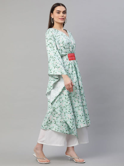 Ahalyaa Women Light Green Rayon Printed Flared Sleeve Kaftan Kurta - Distacart