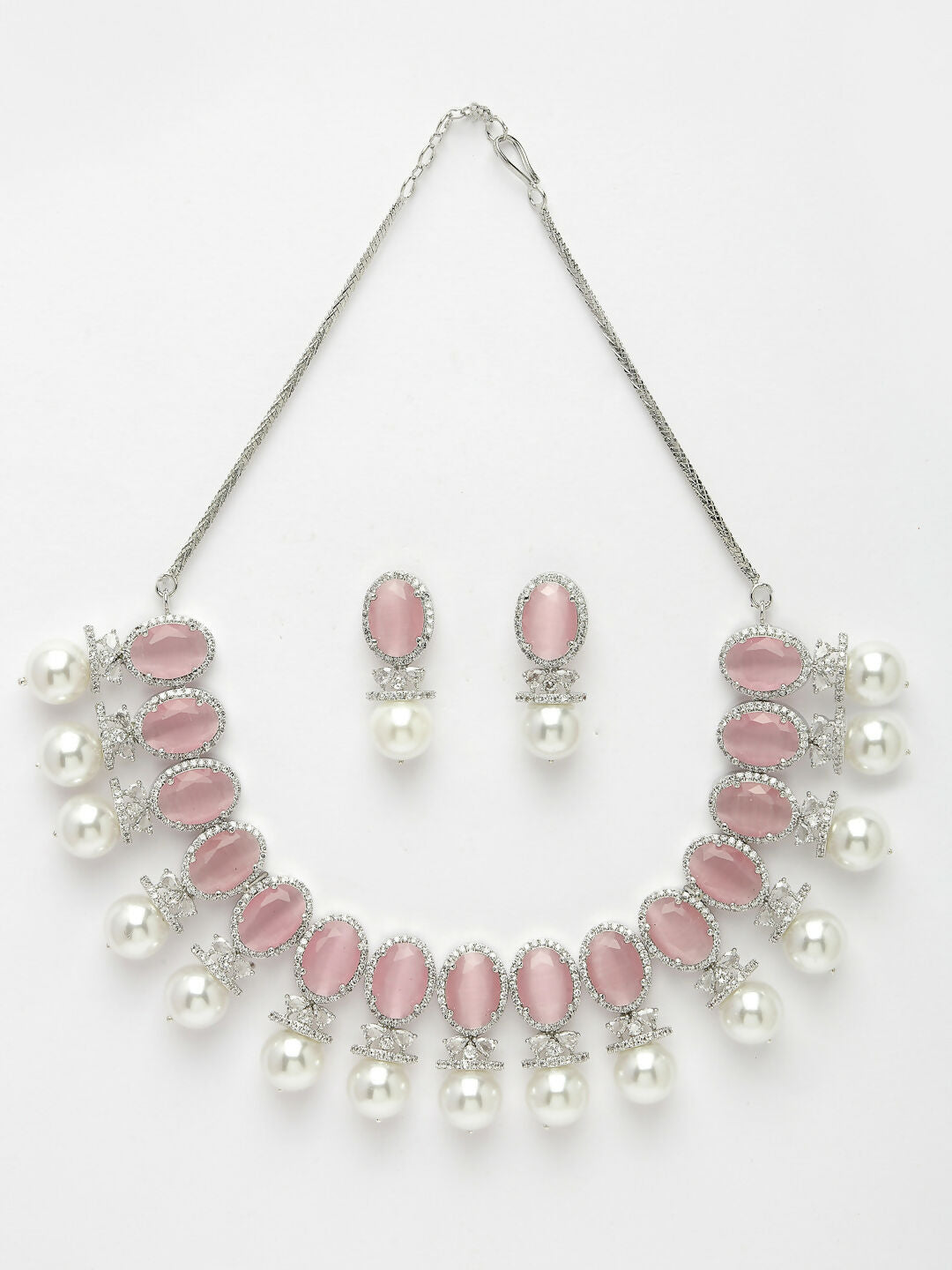 NVR Women's Silver-Plated Pink American Diamond Studded Handcrafted Jewellery Set - Distacart