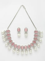 Thumbnail for NVR Women's Silver-Plated Pink American Diamond Studded Handcrafted Jewellery Set - Distacart