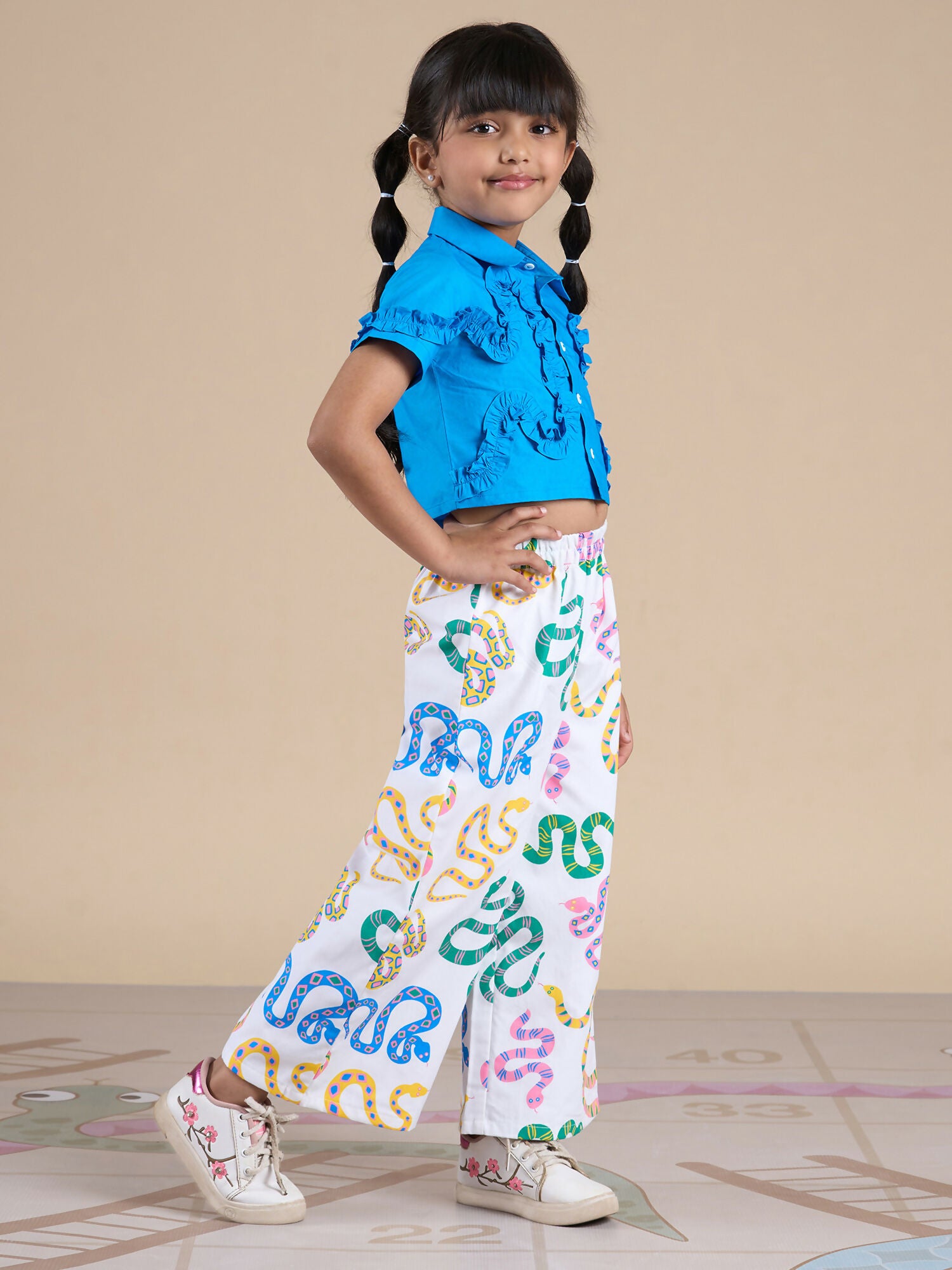 Snakes and Ladders Girls Blue Shirt and Multi Color Snake Print Pant Set from Siblings Collection - Distacart
