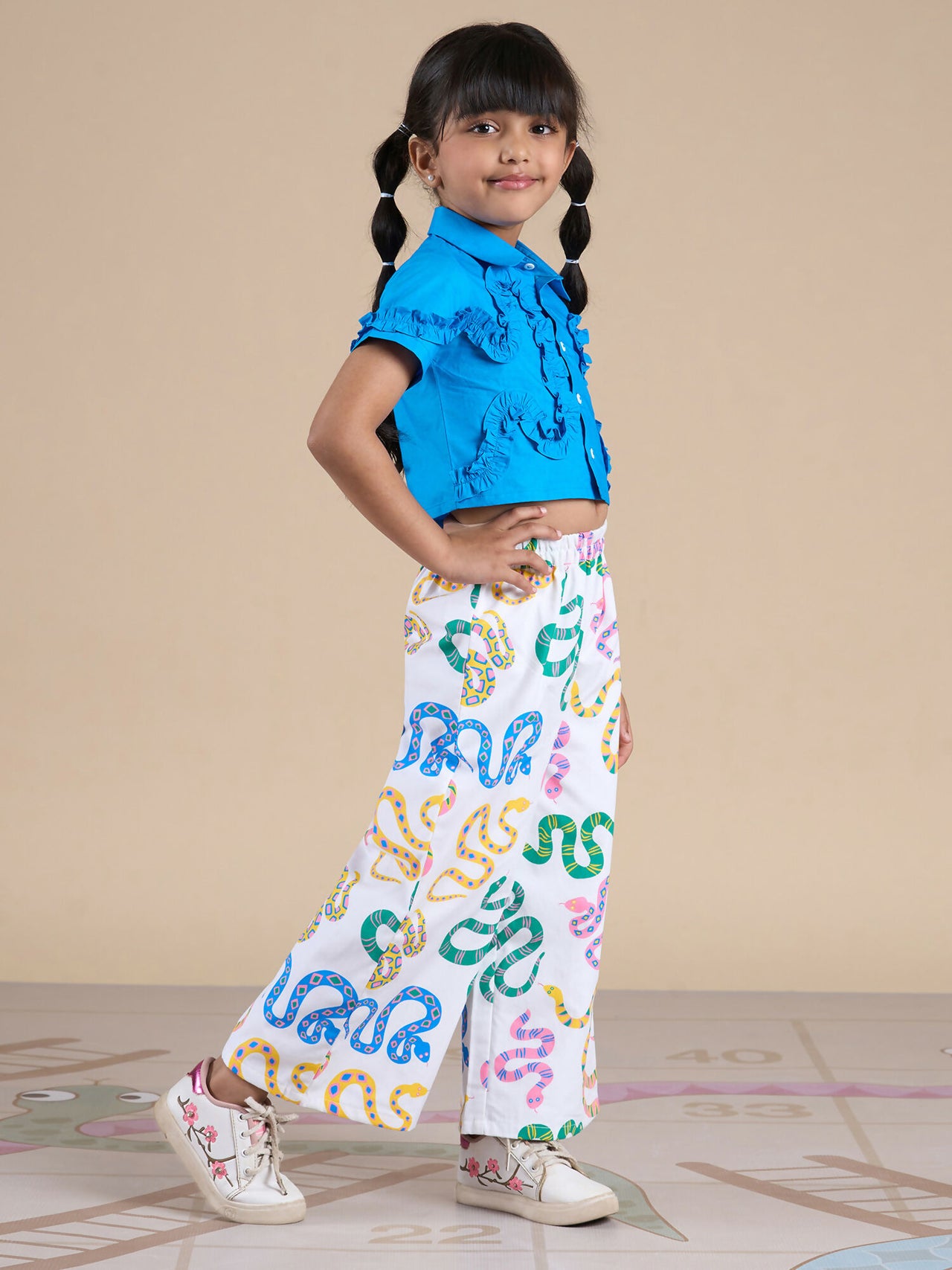 Snakes and Ladders Girls Blue Shirt and Multi Color Snake Print Pant Set from Siblings Collection - Distacart