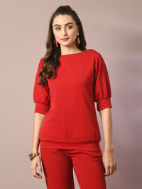 Thumbnail for Myshka Women's Red Solid Boat Neck Party Top - Distacart