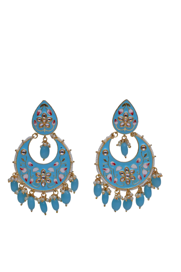 Blue Gold-Polished Brass & Pearl Dangle Women Earrings| Hand Painted Meenakari Chandbali Traditional Ethnic Wear Earrings By House of Ree - Distacart
