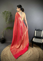 Thumbnail for Joban Fashion Red Floral & Paisley Motifs Soft Satin Silk Banarasi Saree - Distacart