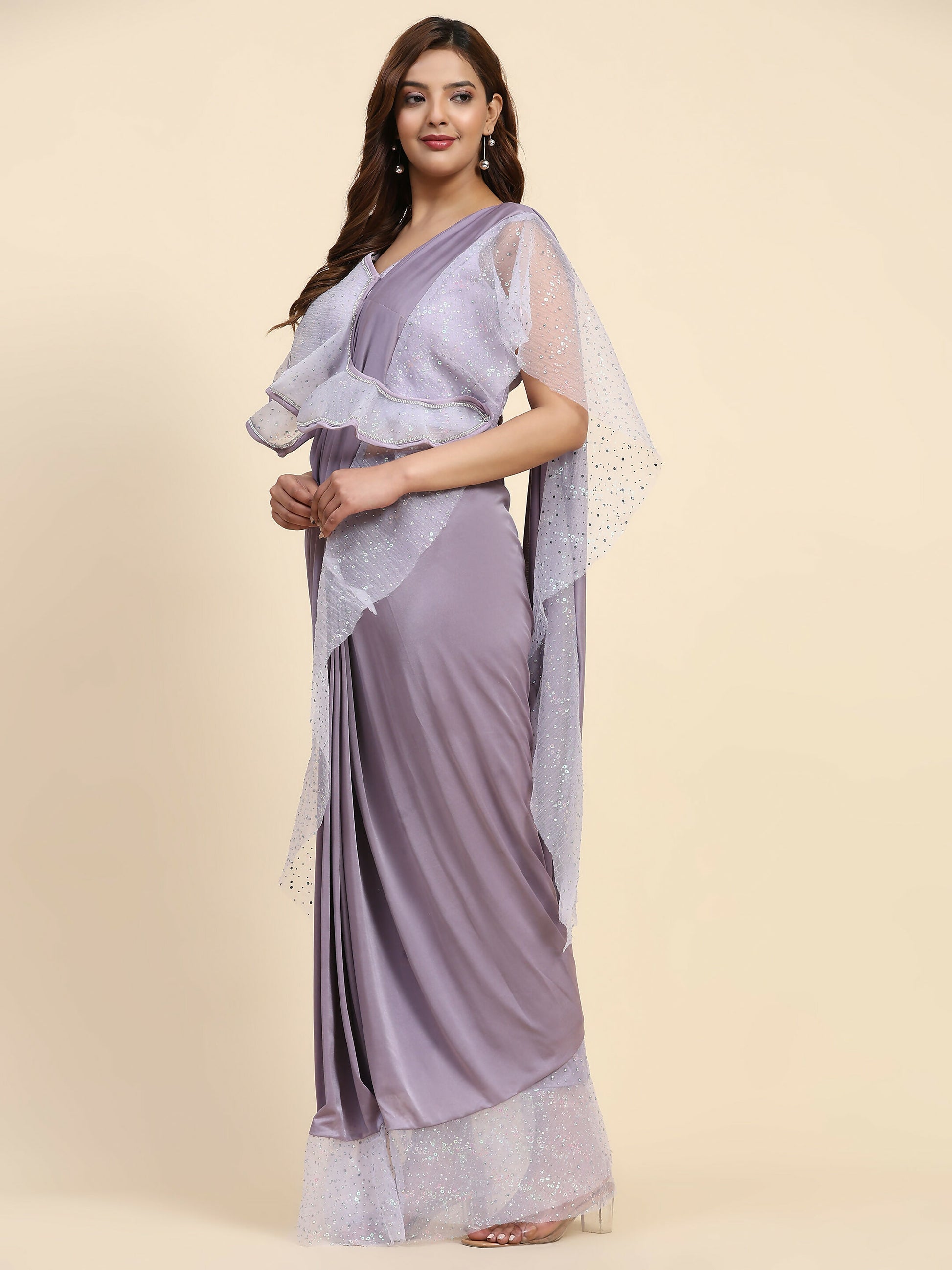 Light Purple Lycra Solid Ready to Wear Saree with stitched Blouse - Nita - Distacart