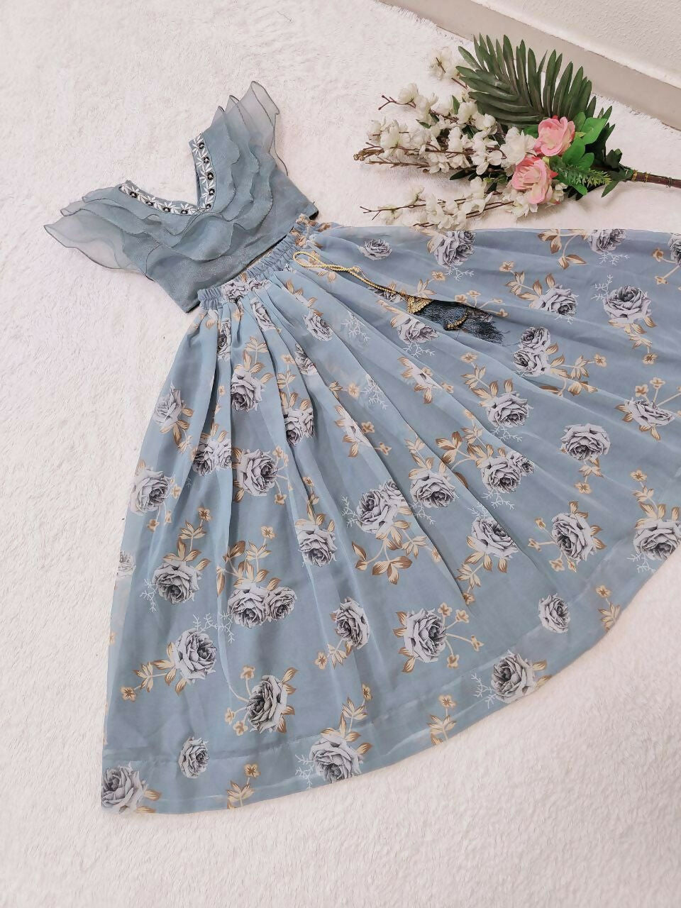 Jyoti Fashion Charming Grey Faux Georgette Digital Printed with Fancy Latkan Work Kids Lehenga Choli Set - Distacart