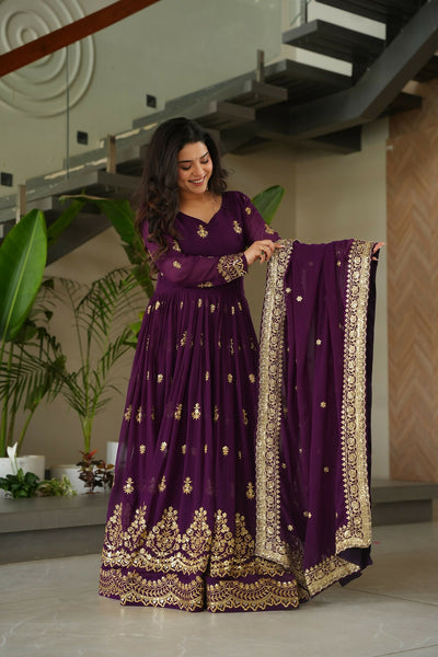 Joban Fashion Purple Georgette Sequence Embroidery Work Kurta Set