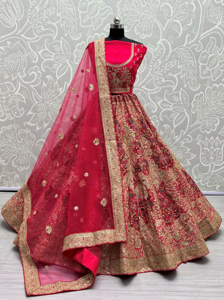 Jyoti Fashion Women's Rani Pink Silk Fancy Dori & Sequins Multi Thread Embroidered with Diamond Work Wedding Lehenga Choli - Distacart