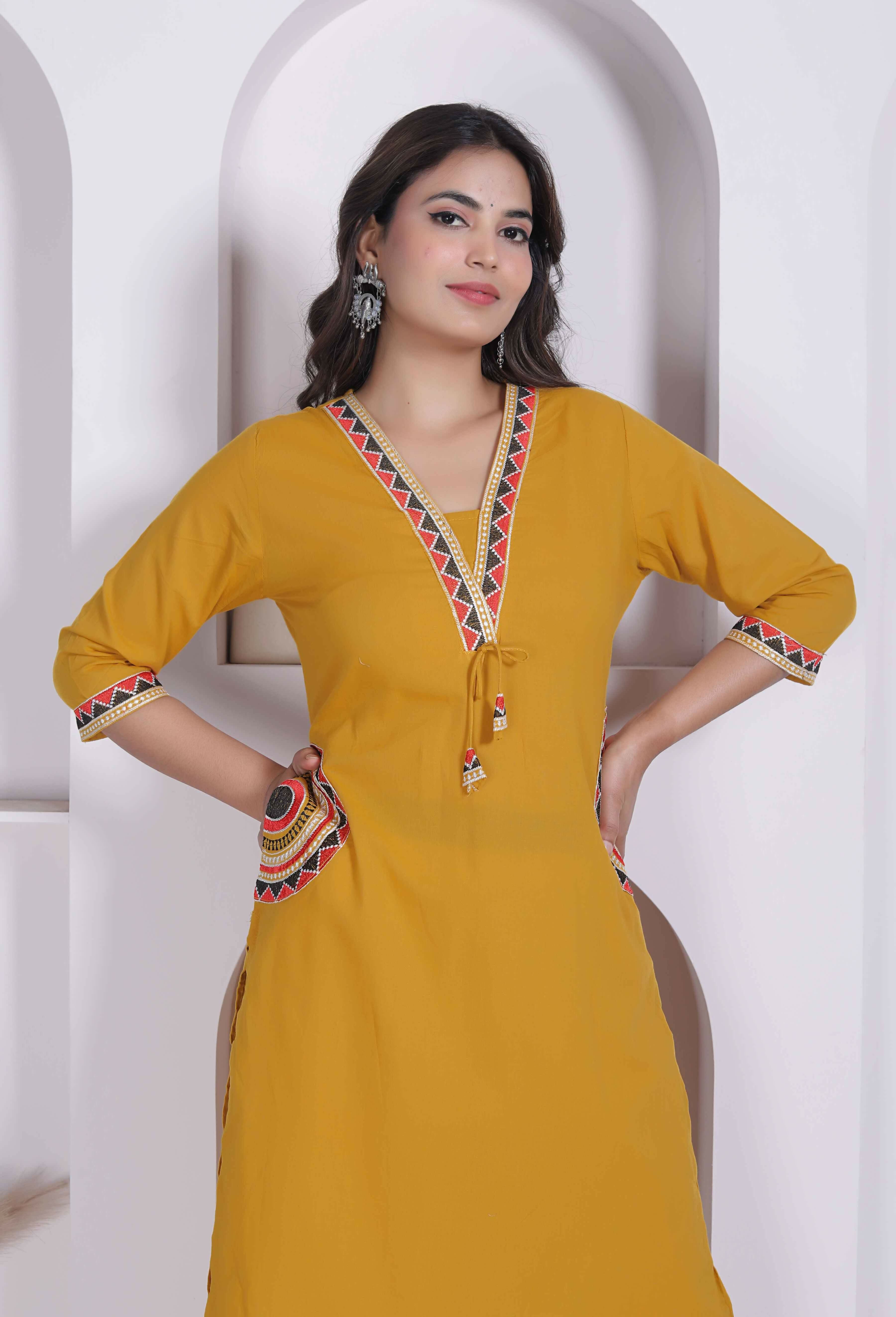 Miravan Womens Yellow Kurta And Palazzo Set - Dista