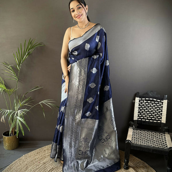 Joban Fashion Navy Blue Floral Motifs Soft Silk Banarasi Saree - Distacart