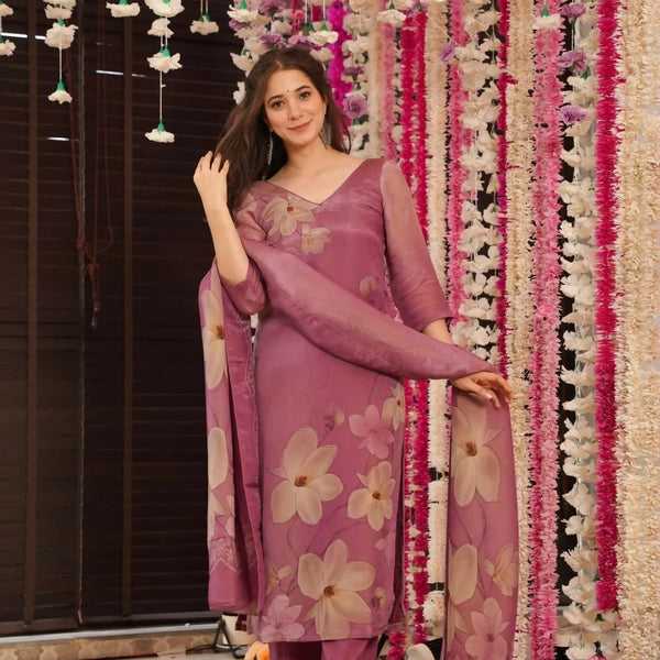 The52 Onion Gorgeous Floral Printed Zarna Silk Fabric Straight Kurta Pant with Dupatta Set - Distacart