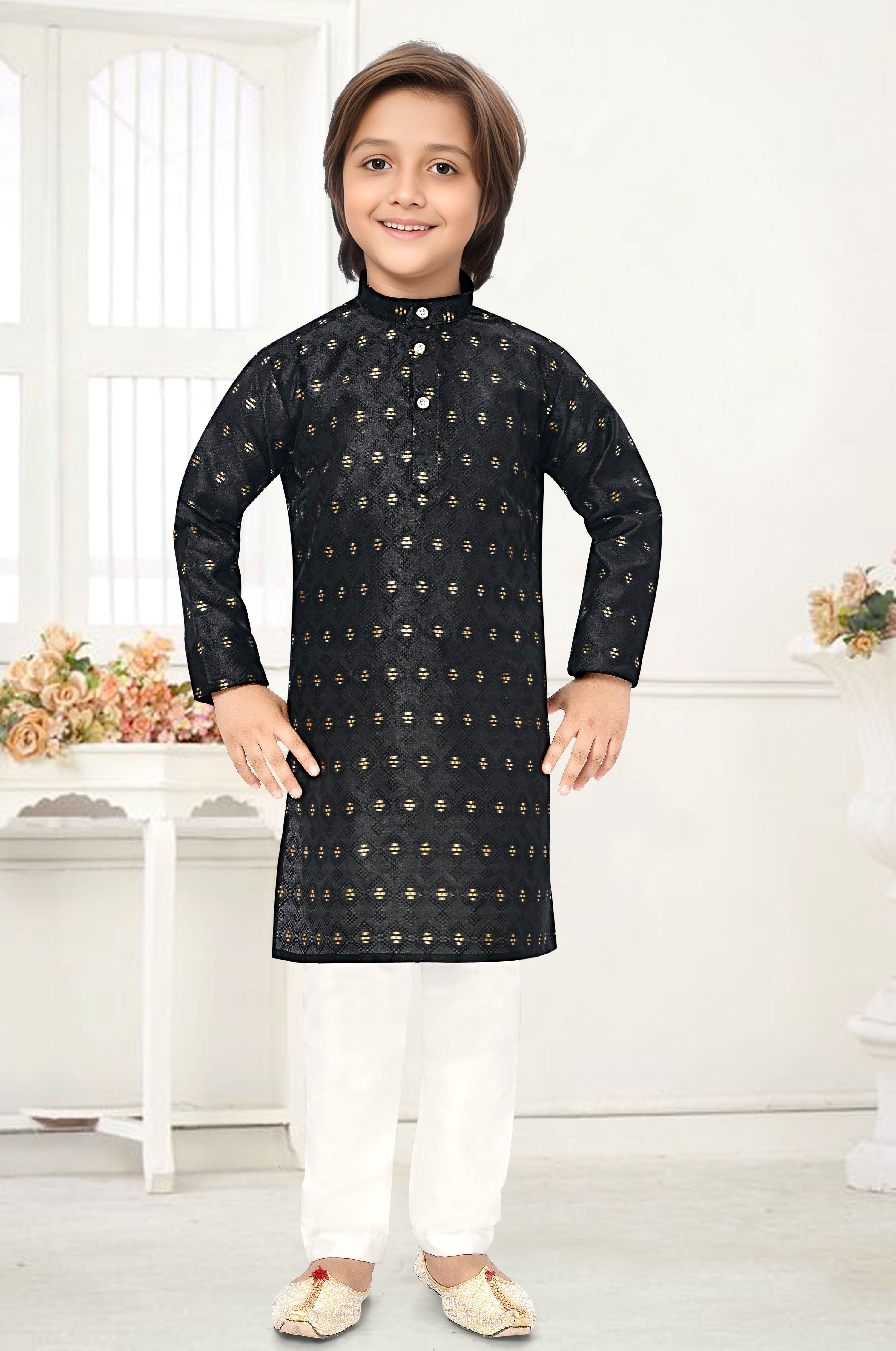 Neera Trendz Black Jacquard Zari Work Kid's Kurta With Pyjama