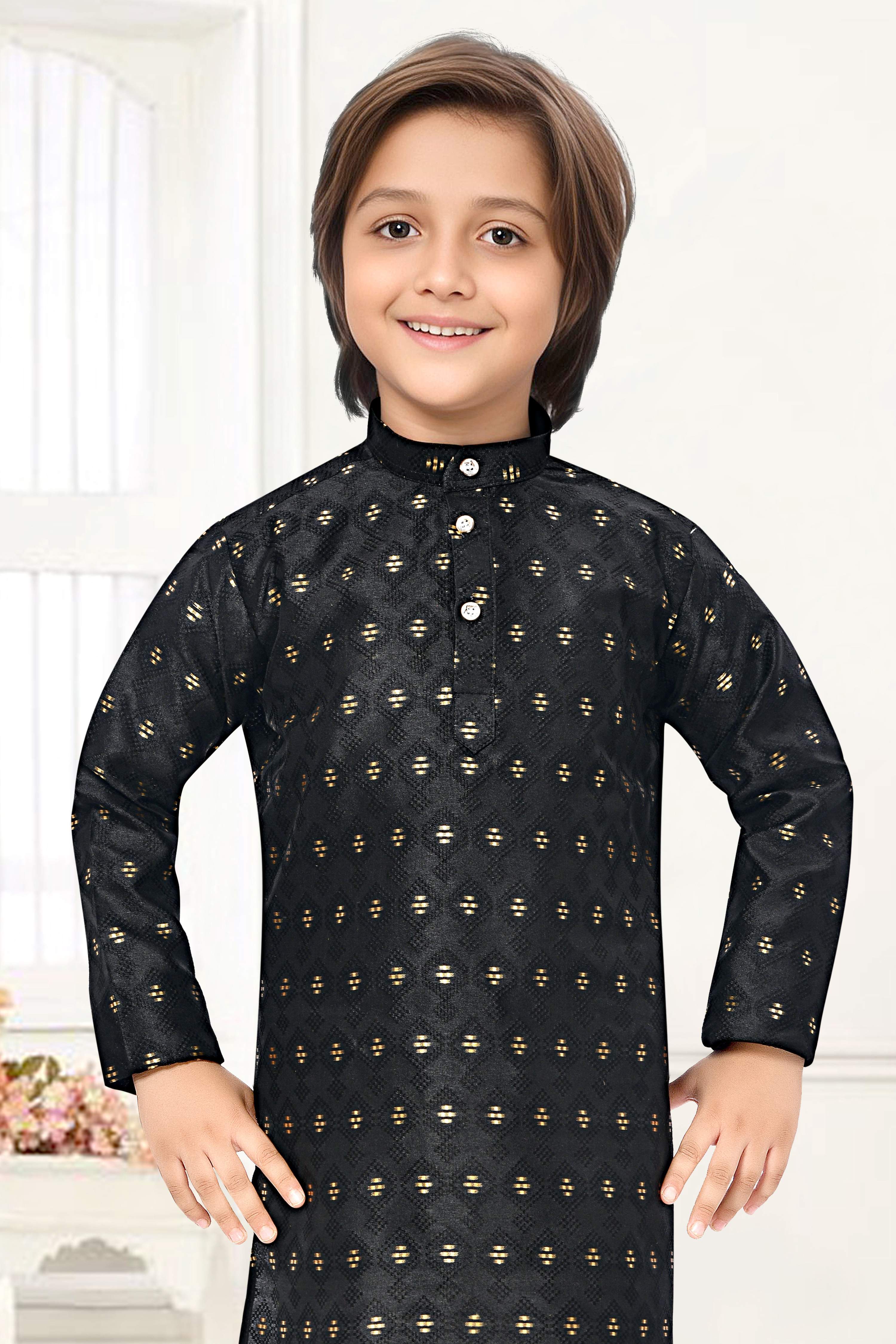 Neera Trendz Black Jacquard Zari Work Kid's Kurta With Pyjama