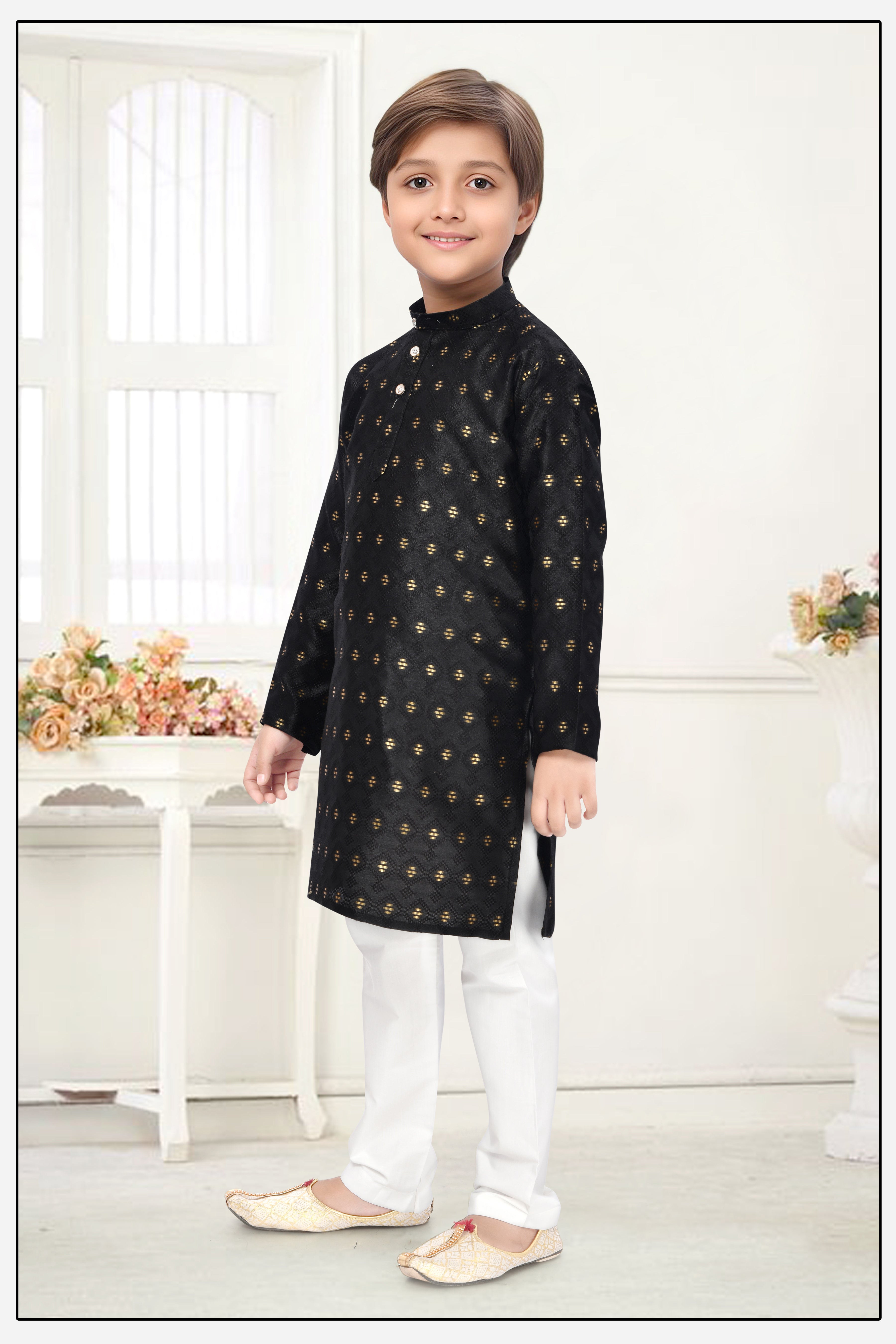 Neera Trendz Black Jacquard Zari Work Kid's Kurta With Pyjama