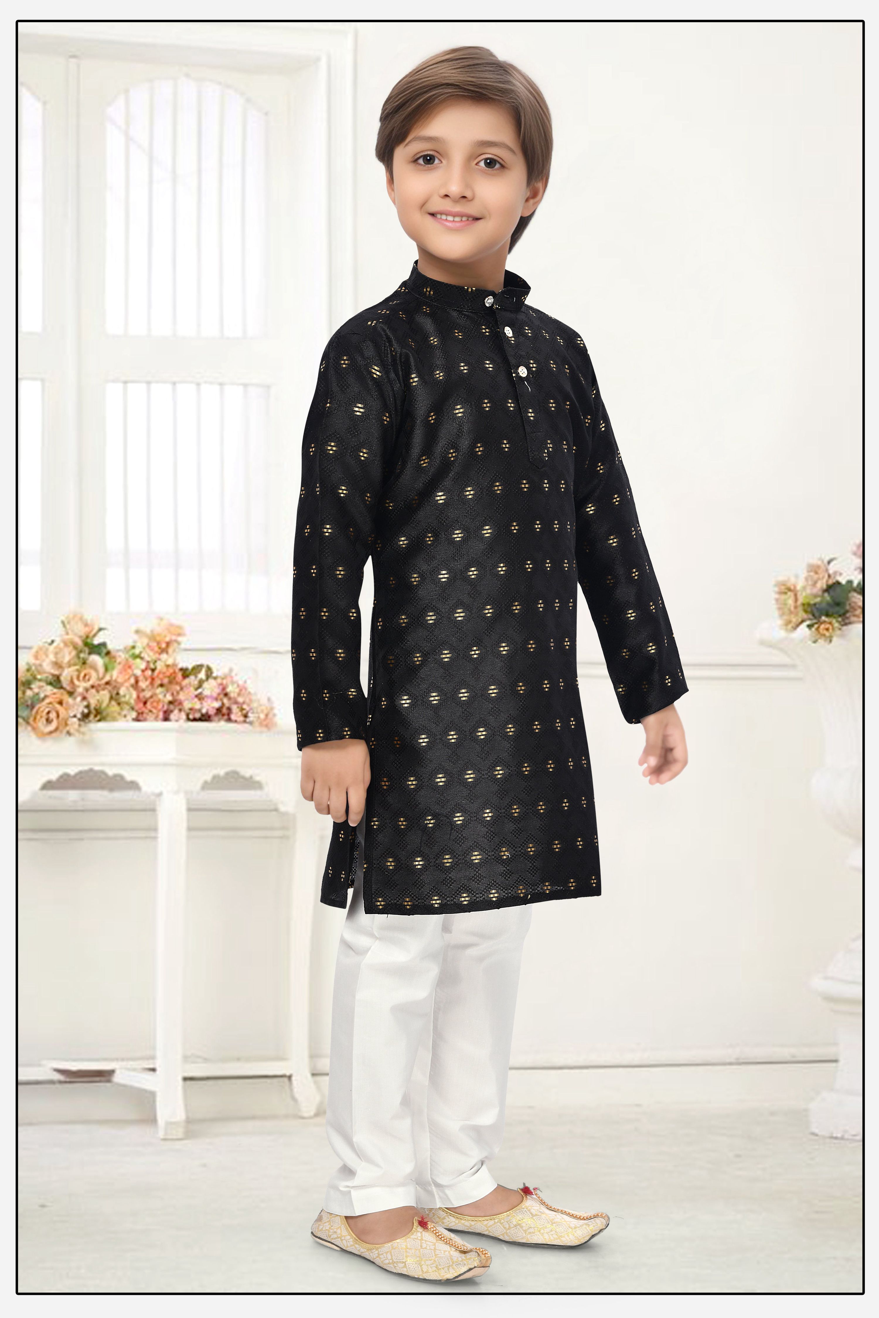 Neera Trendz Black Jacquard Zari Work Kid's Kurta With Pyjama
