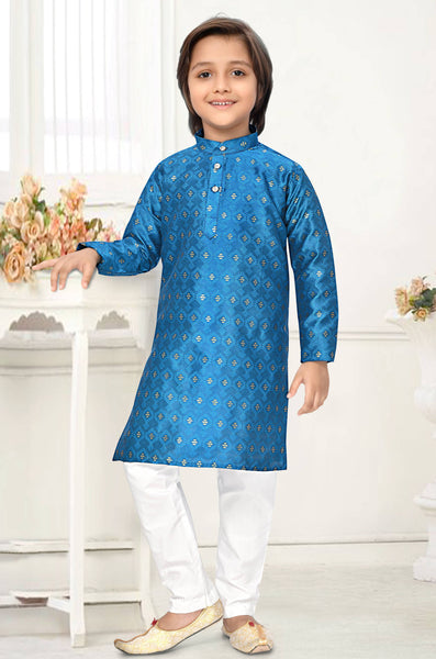 Neera Trendz Blue Jacquard Zari Work Kid's Kurta With Pyjama