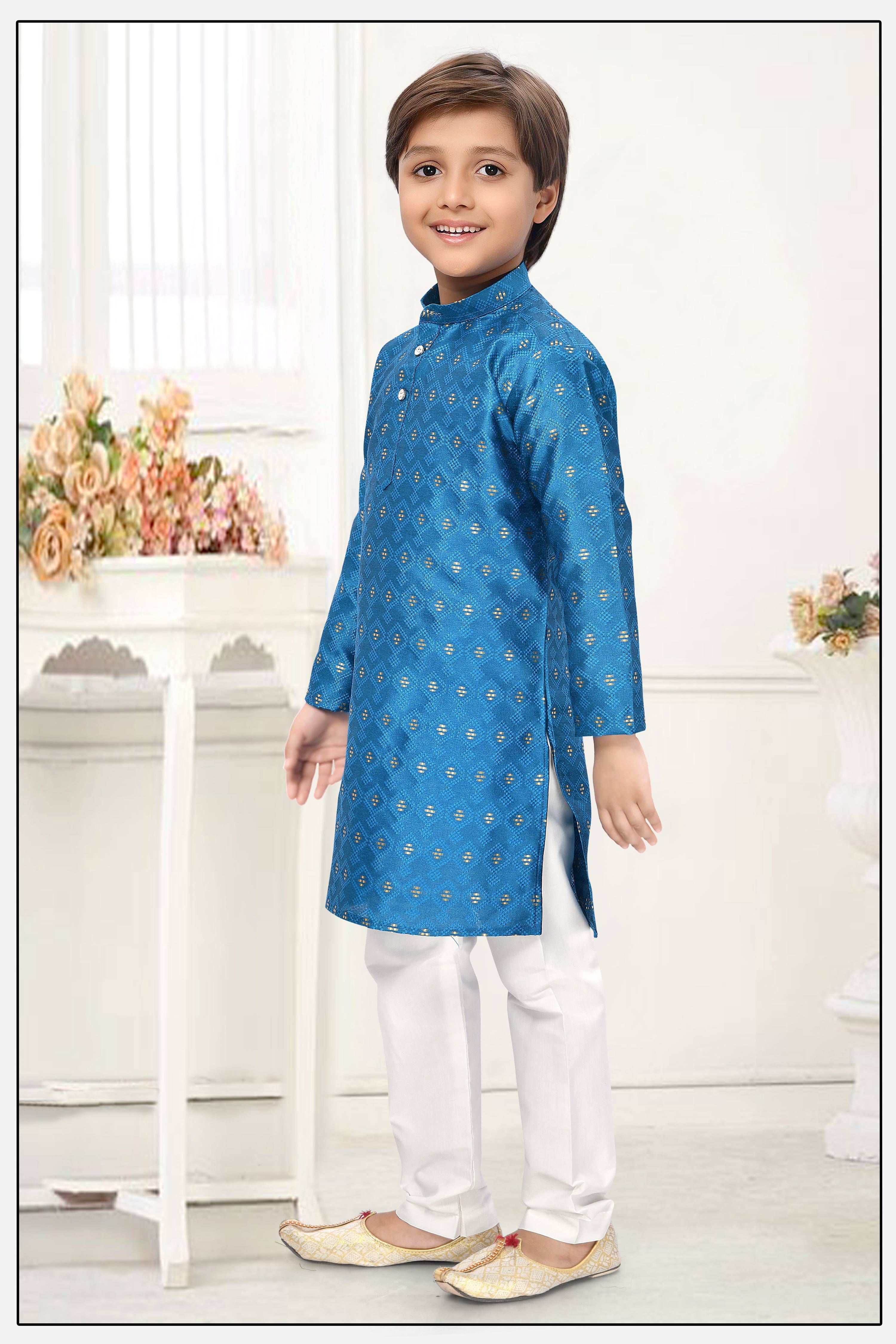 Neera Trendz Blue Jacquard Zari Work Kid's Kurta With Pyjama