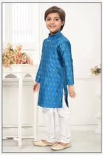 Thumbnail for Neera Trendz Blue Jacquard Zari Work Kid's Kurta With Pyjama