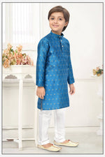 Thumbnail for Neera Trendz Blue Jacquard Zari Work Kid's Kurta With Pyjama
