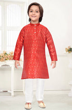 Thumbnail for Neera Trendz Orange Jacquard Zari Work Kid's Kurta With Pyjama