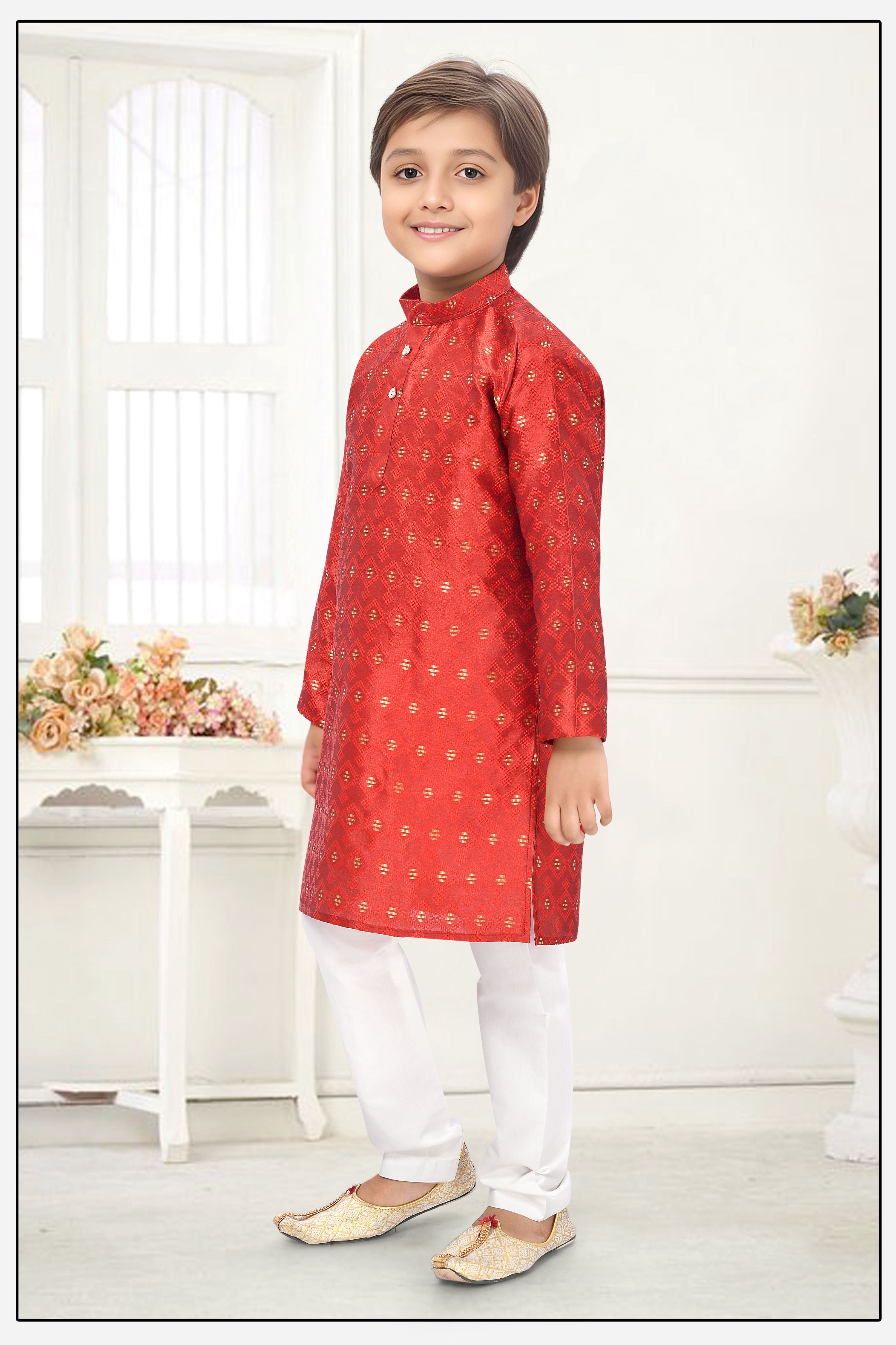 Neera Trendz Orange Jacquard Zari Work Kid's Kurta With Pyjama