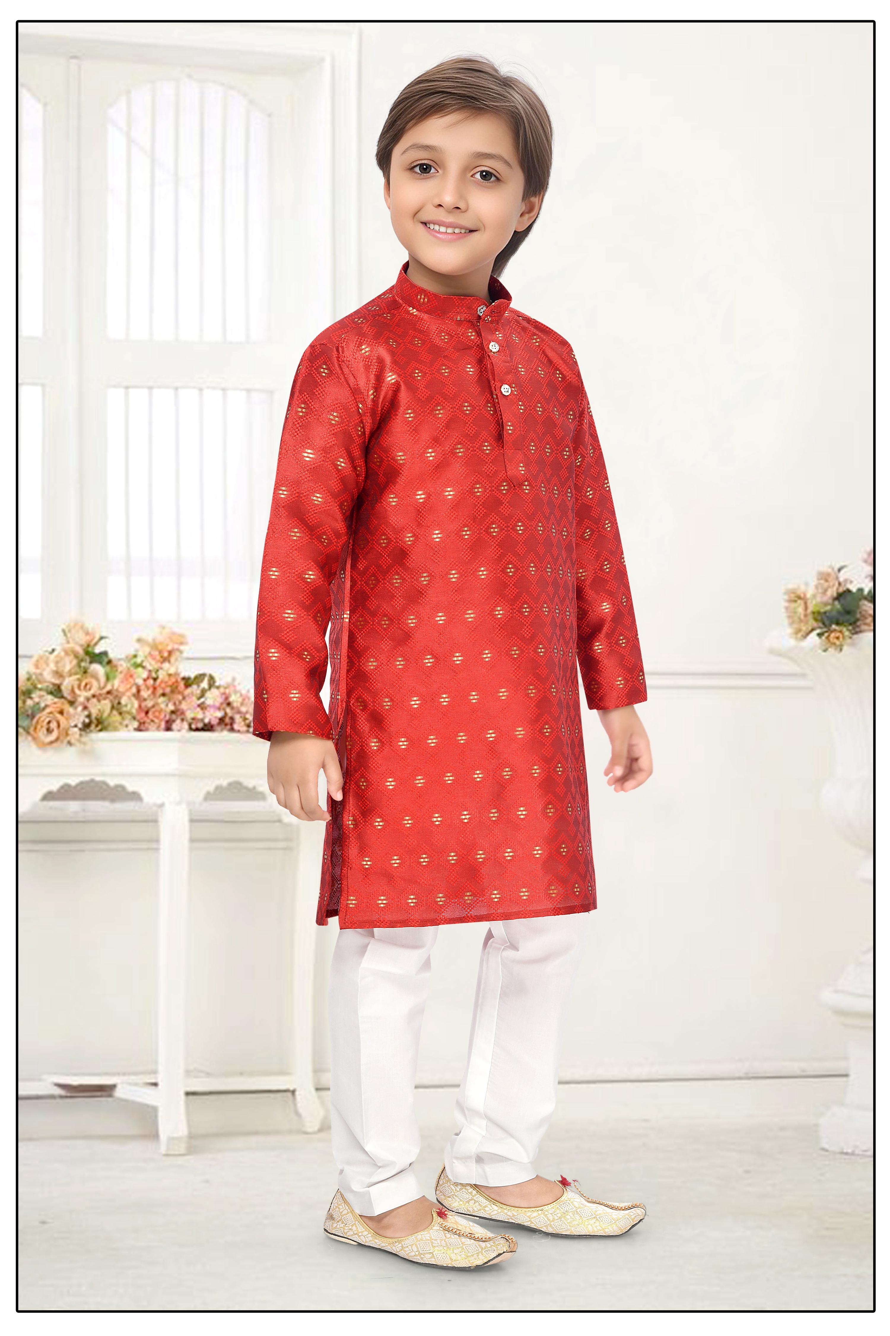Neera Trendz Orange Jacquard Zari Work Kid's Kurta With Pyjama