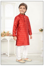Thumbnail for Neera Trendz Orange Jacquard Zari Work Kid's Kurta With Pyjama