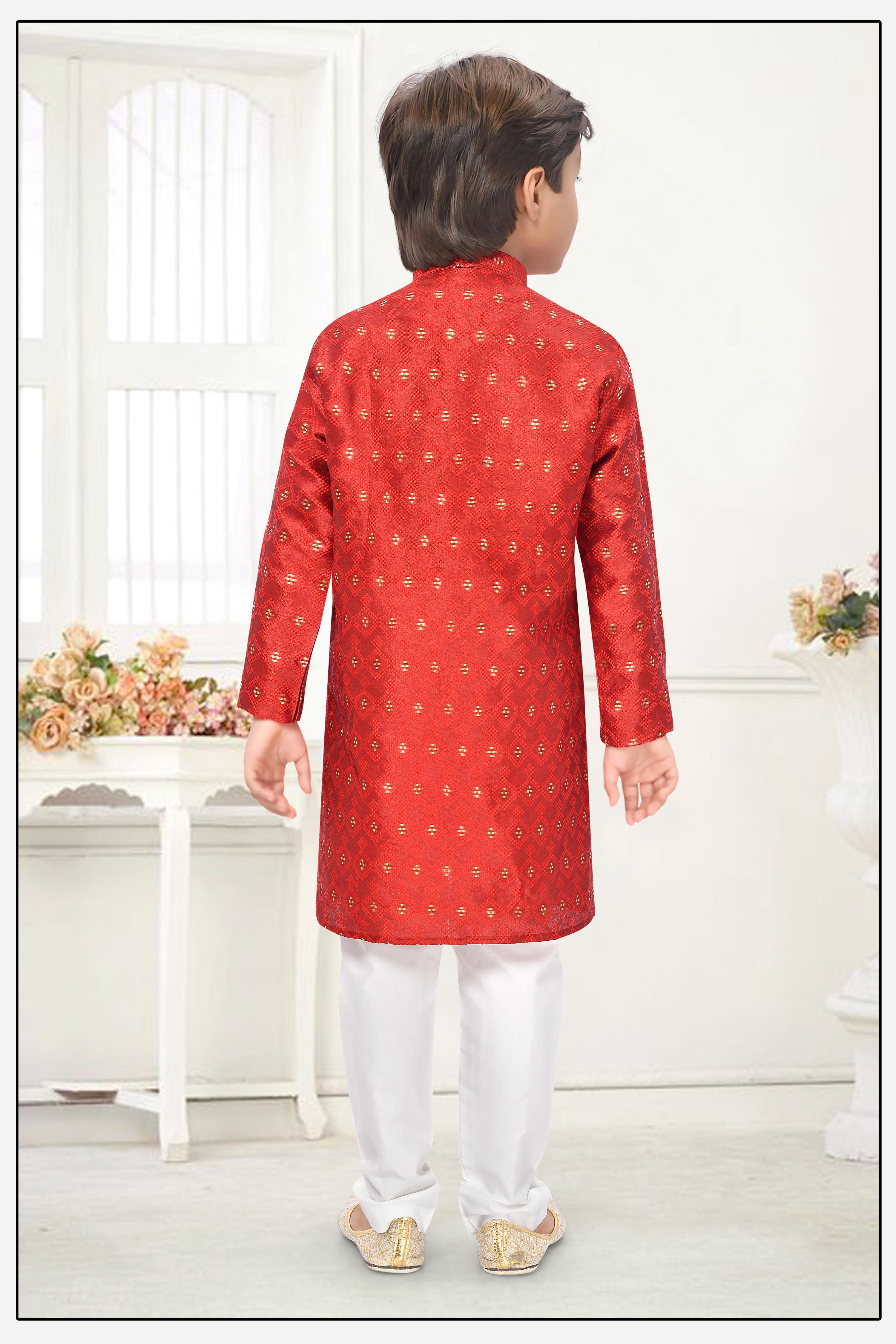 Neera Trendz Orange Jacquard Zari Work Kid's Kurta With Pyjama