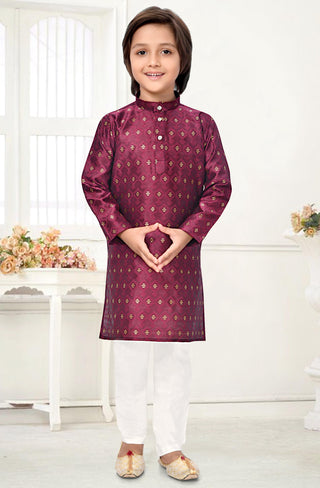 Neera Trendz Wine Jacquard Zari Work Kid's Kurta With Pyjama