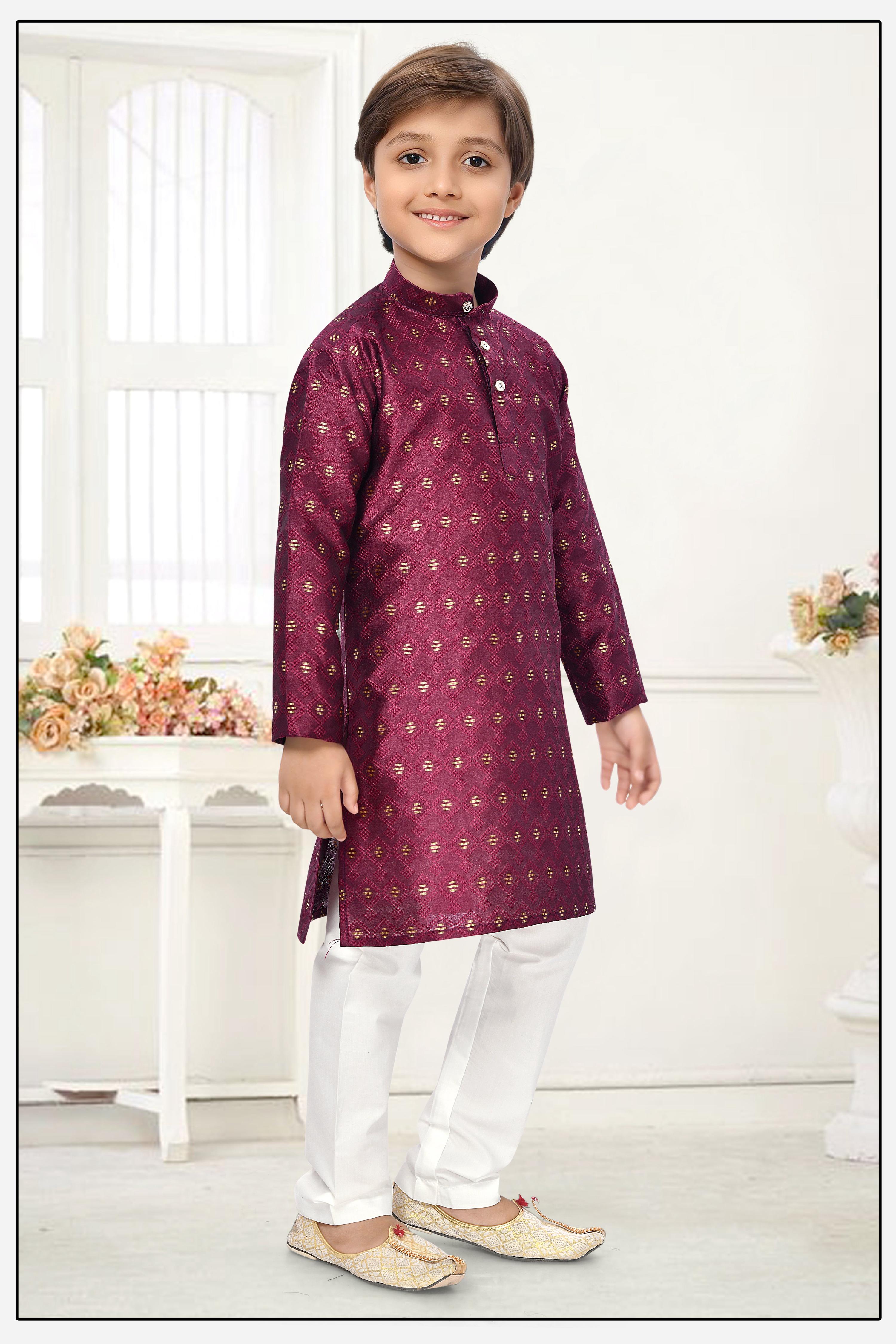 Neera Trendz Wine Jacquard Zari Work Kid's Kurta With Pyjama