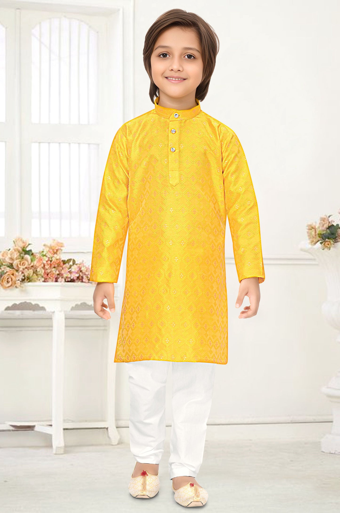 Neera Trendz Yellow Jacquard Zari Work Kid's Kurta With Pyjama - Distacart