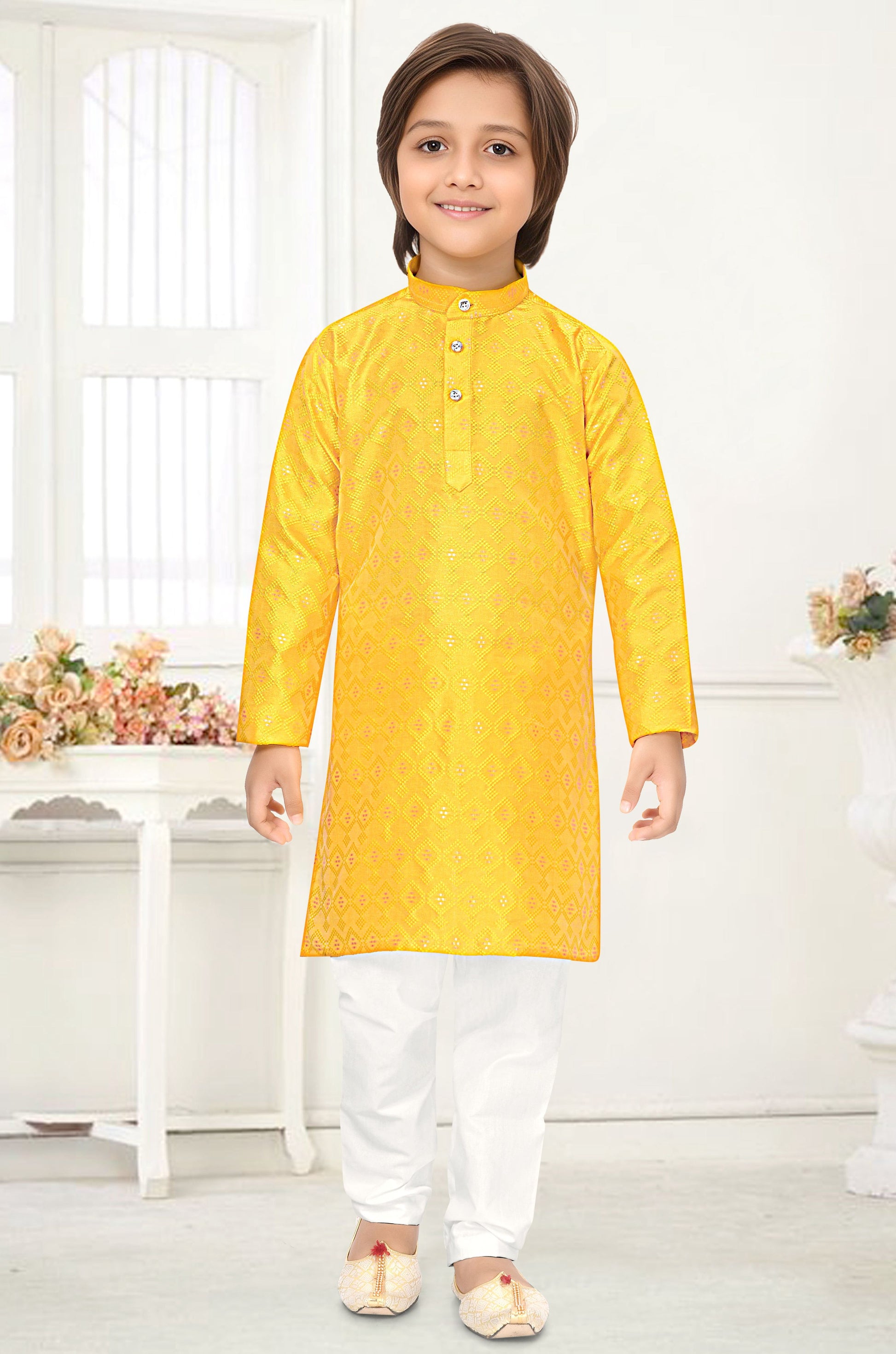 Neera Trendz Yellow Jacquard Zari Work Kid's Kurta With Pyjama - Distacart