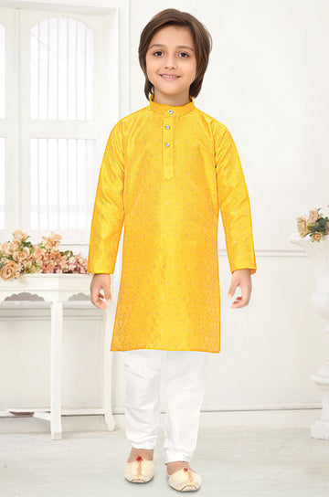 Neera Trendz Yellow Jacquard Zari Work Kid's Kurta With Pyjama - Distacart