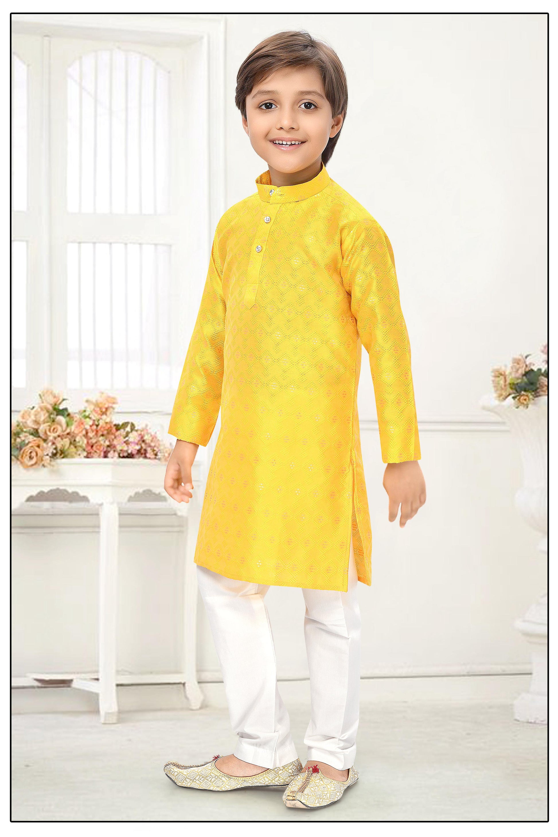 Neera Trendz Yellow Jacquard Zari Work Kid's Kurta With Pyjama - Distacart