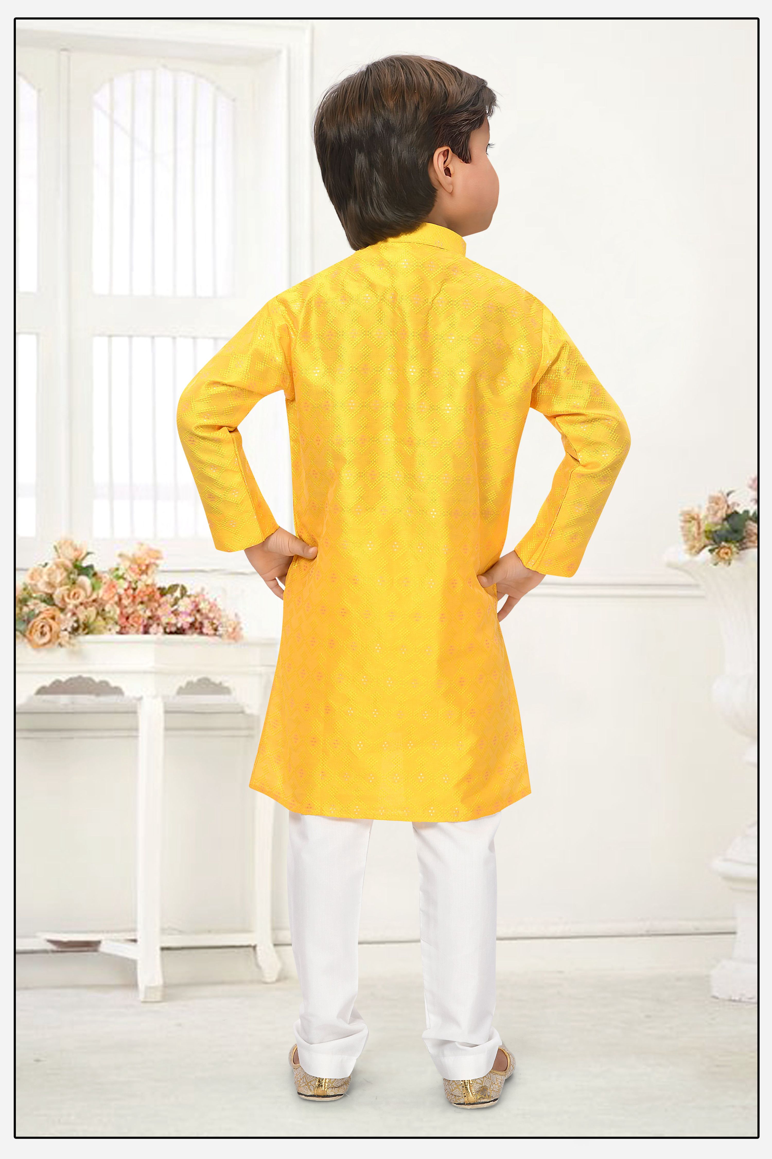 Neera Trendz Yellow Jacquard Zari Work Kid's Kurta With Pyjama