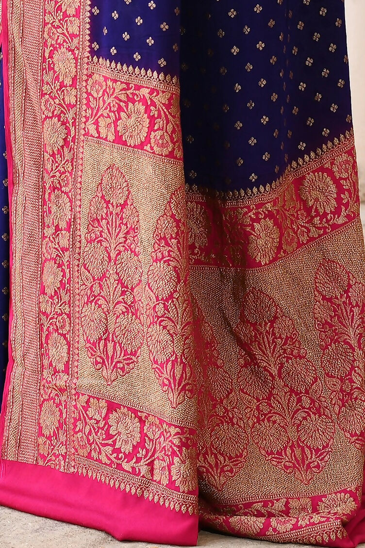 Joban Fashion Navy Blue Crepe Chiffon Pure Handloom Banarasi Silk Saree