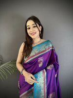 Thumbnail for Joban Fashion Purple Banarasi Soft Silk Peacock Butta Work Saree
